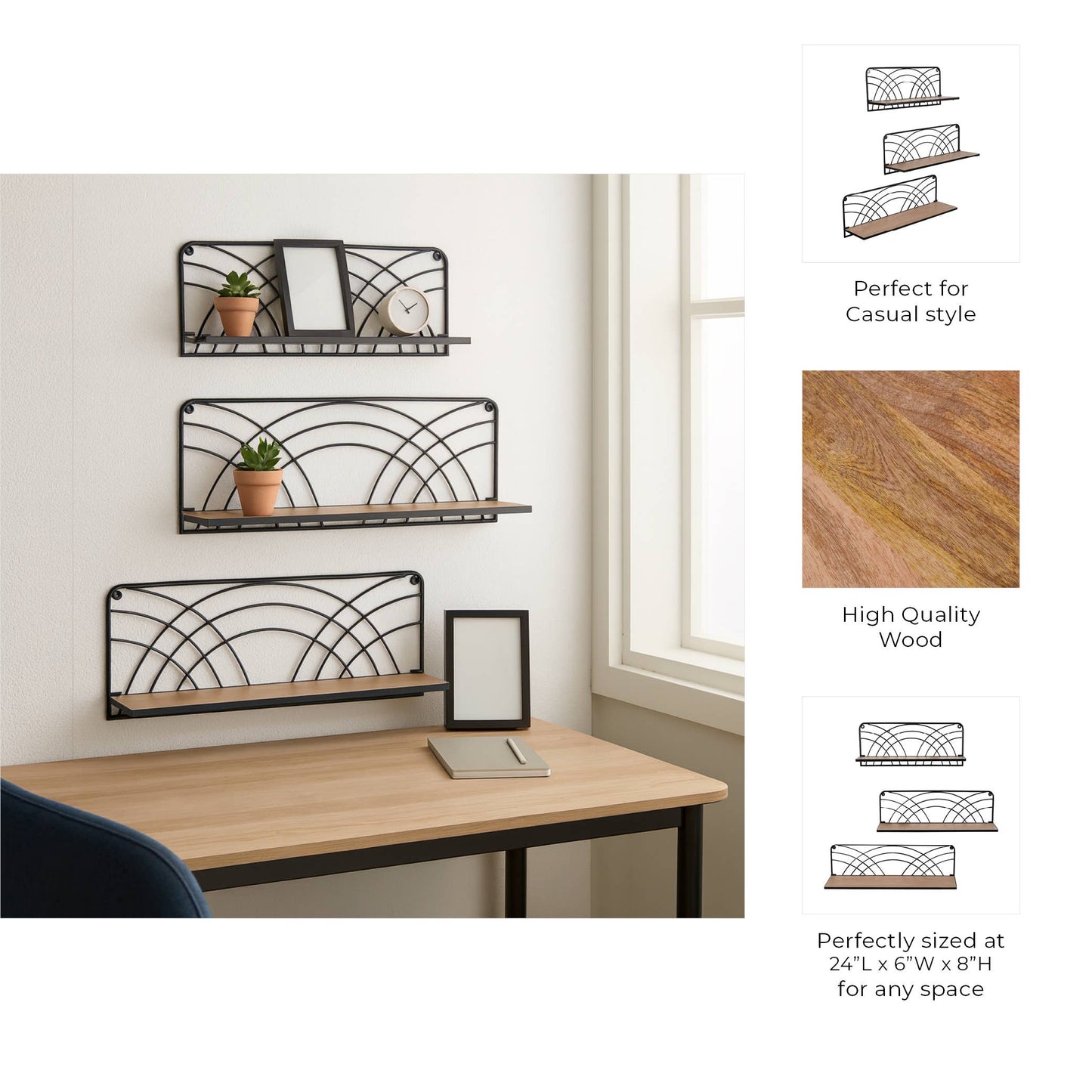 Wall Shelf Set of 3 - Brown Wood Backing Wide, 19/21/24 in.