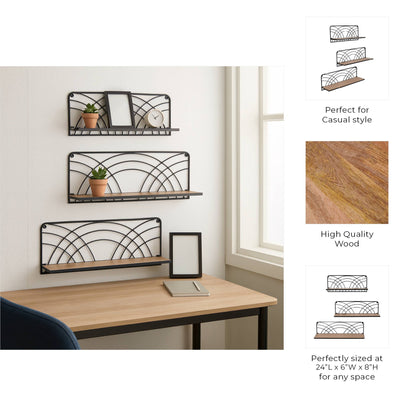 Wall Shelf Set of 3 - Brown Wood Backing Wide, 19/21/24 in.