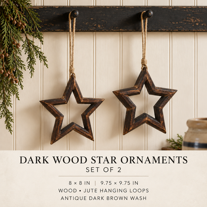 Dark Wooden Christmas Star Ornament Set of 2 - 8/9.75 inch