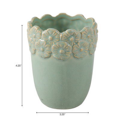 Pencil Cup - Green Ceramic Scalloped Flower Border, 4 in.